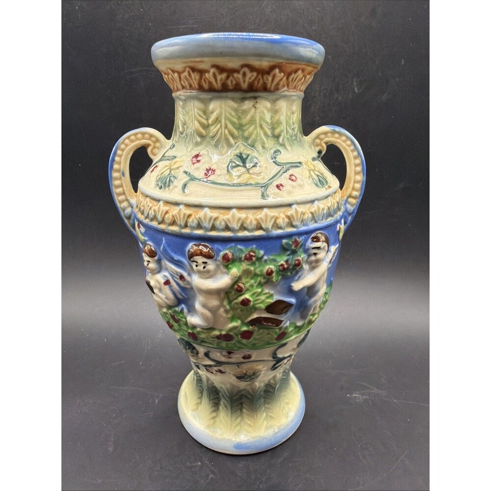 Vintage Japanese Majolica Angels Cherubs & Flowers Vase w/Handles, 7 1/4" Tall